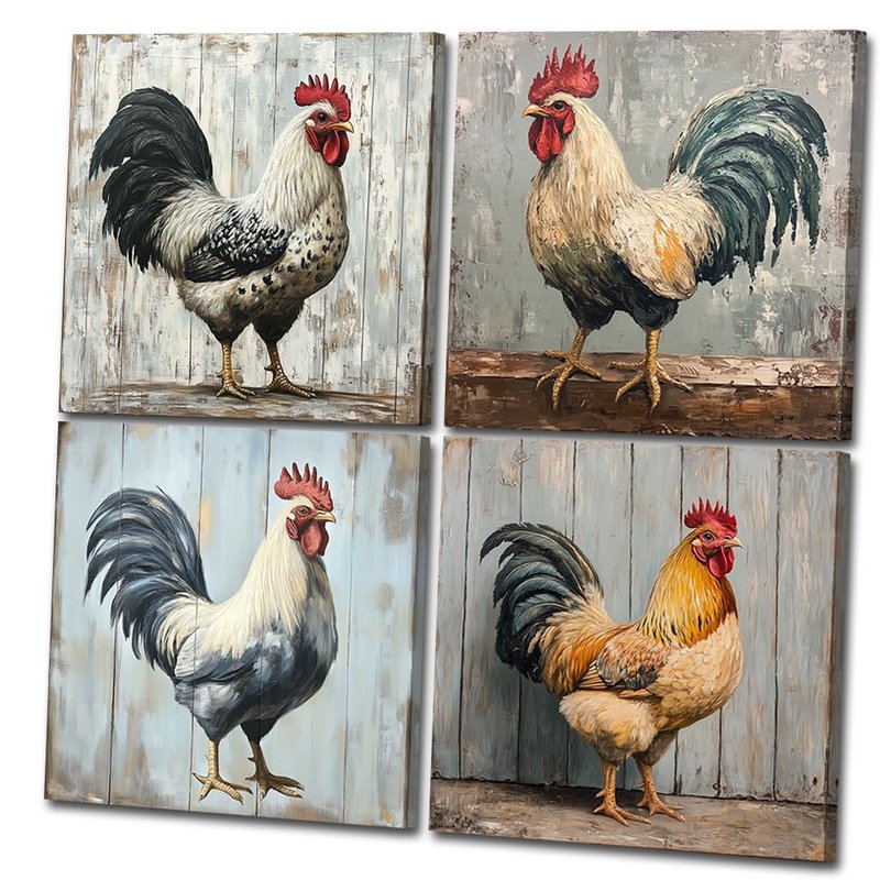 Rooster Canvas Wall Art 4 PCS Farmhouse Kitchen Chicken Paintings Rustic Farm Animal Picture Prints for Living Room Bedroom Bathroom(Rooster-2,12x12inchx4 Pieces (30x30cmx4 Pieces))
