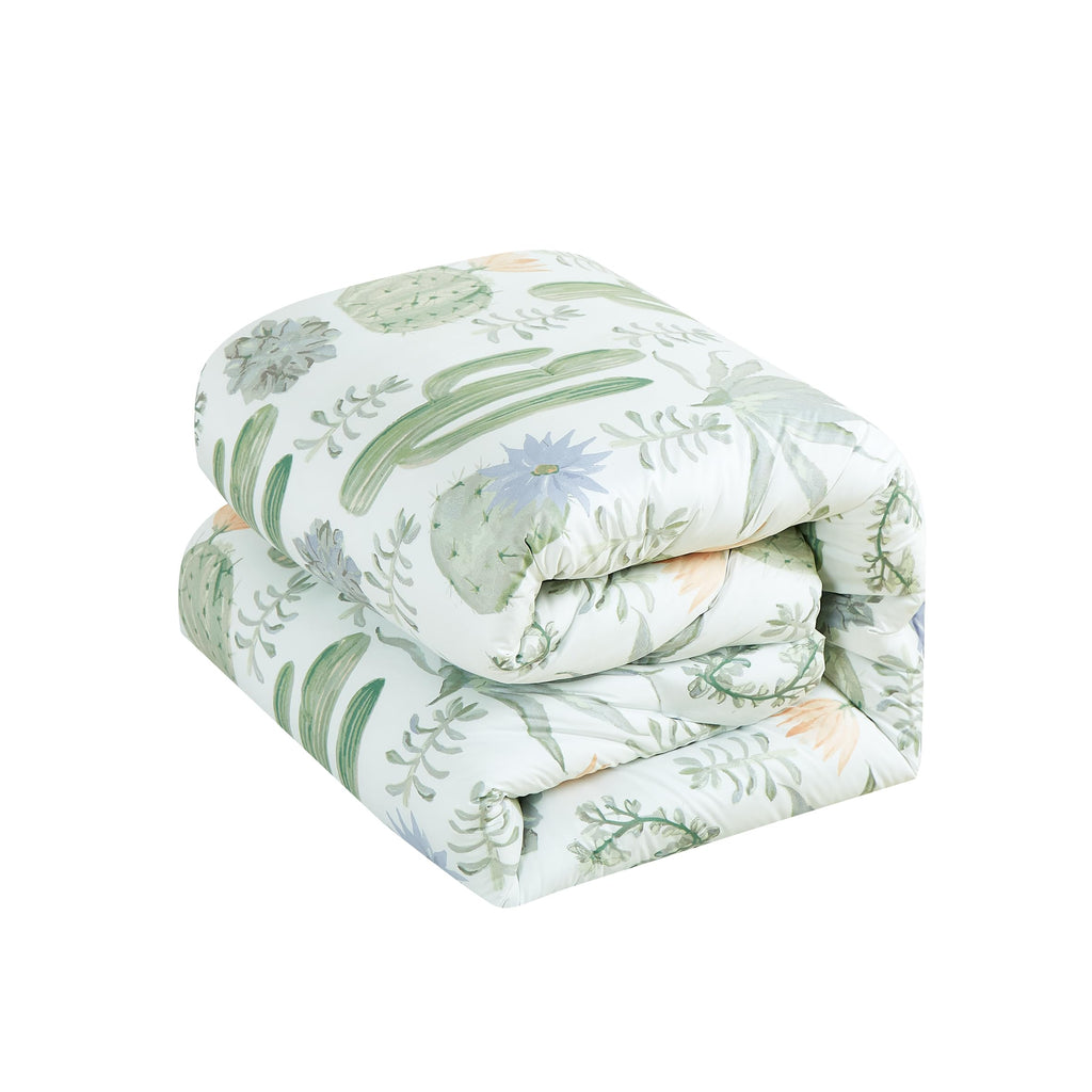 Chezmoi Collection Gregory 7-Piece Serene Lodge Bed in a Bag Queen Comforter Set - Green Blue Cactus Succulent Plant Printed Microfiber Bedding Set