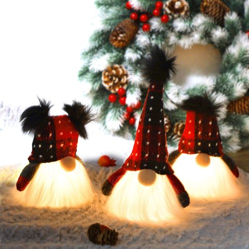 Juegoal Lighted Christmas Gnome - Handmade Mini Scandinavian Tomte | Battery Operated Winter Decor (3 Pack)