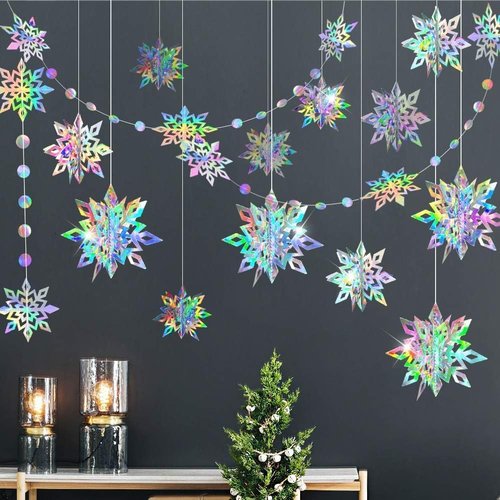 Cheerland Iridescent Snowflake Garland - Holographic 3D Streamers for Winter Wonderland Decor