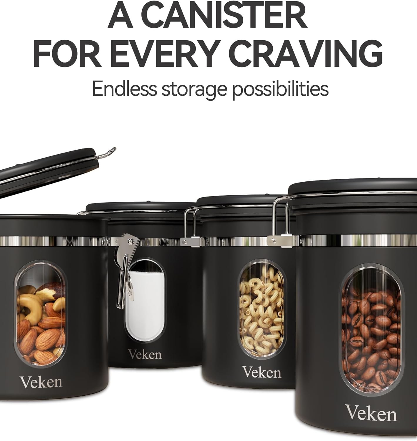 Veken Coffee Canister - Airtight Stainless Steel Storage Container with Window & Date Tracker | 16oz Black