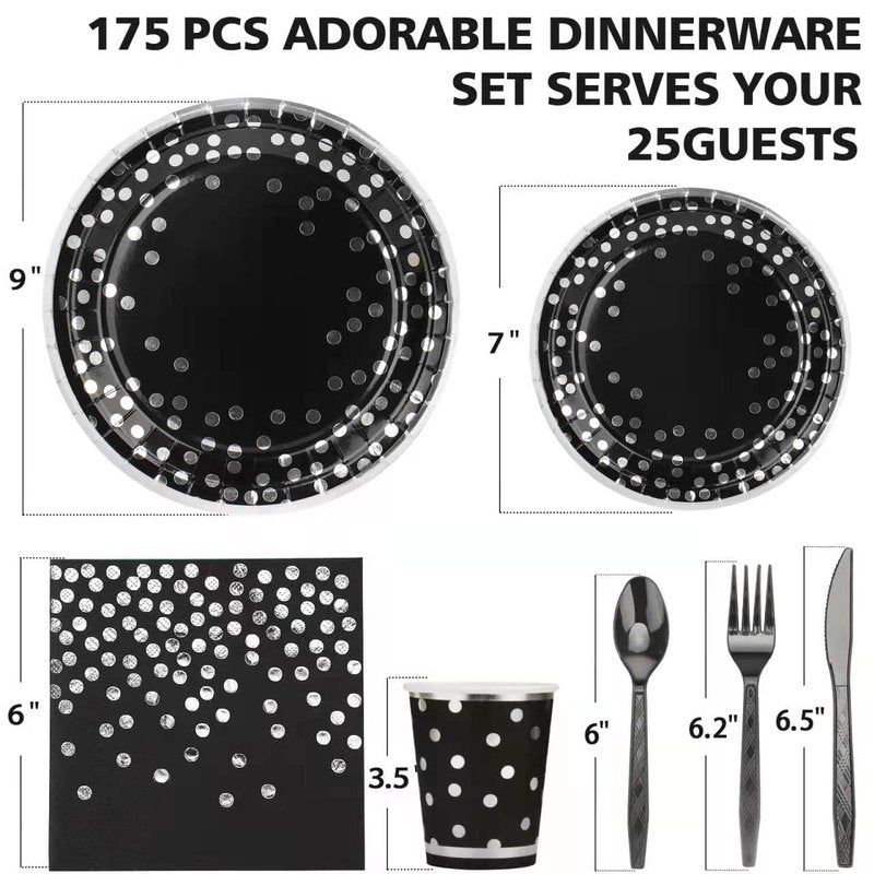 175PCS Black & Silver Party Supplies - Silver Dot Disposable Dinnerware - Black Paper Plates, Napkins, Cups, Plastic Forks, Knives, Spoons for New Year, Wedding, Graduation, Birthday Parties