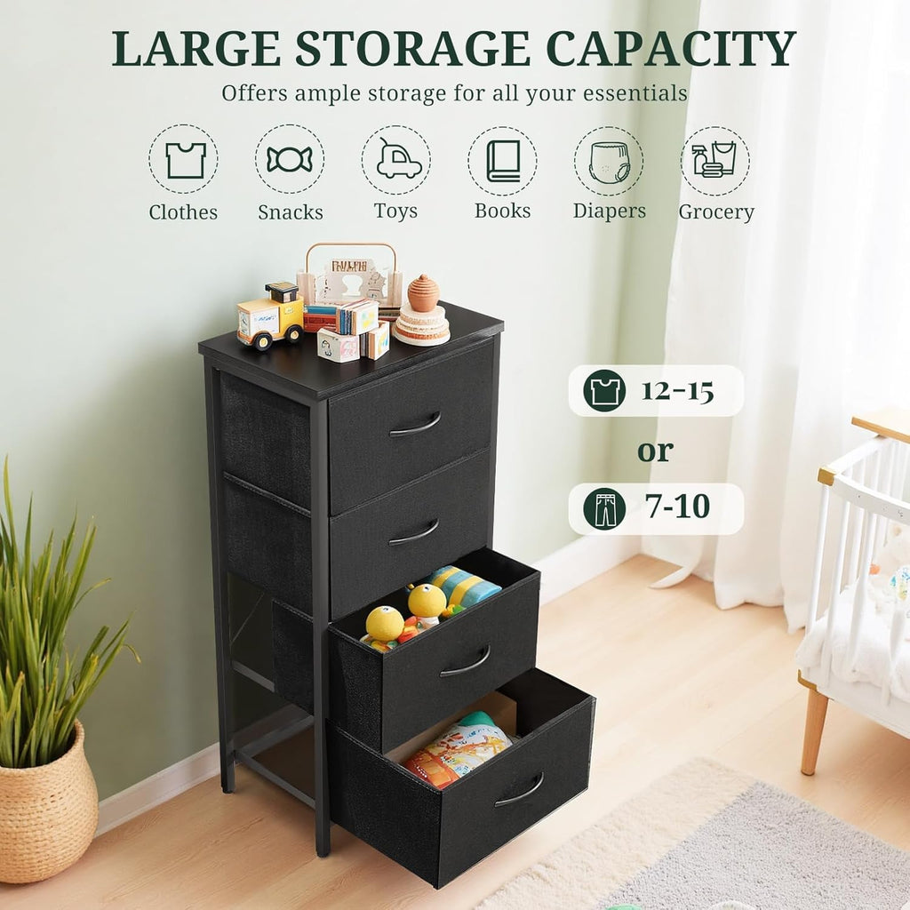 Regine Switzerland 4-Drawer Nightstand - Stylish Bedside Table with Wooden Top & Fabric Bins | Black