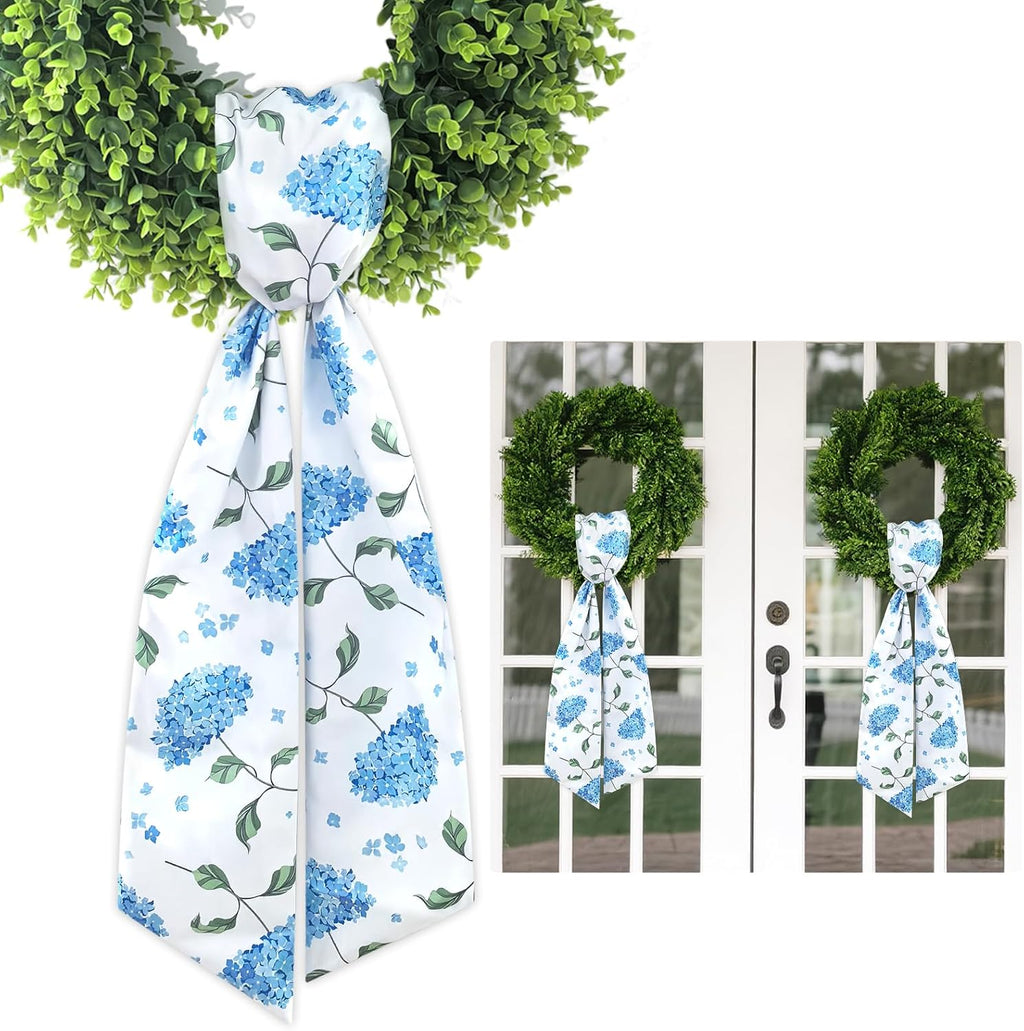 Skiennix Wreath Sash - Decorative Boxwood Sash for Indoor/Outdoor Decor | 4.7'' x 57'' (Blue & Green Floral)