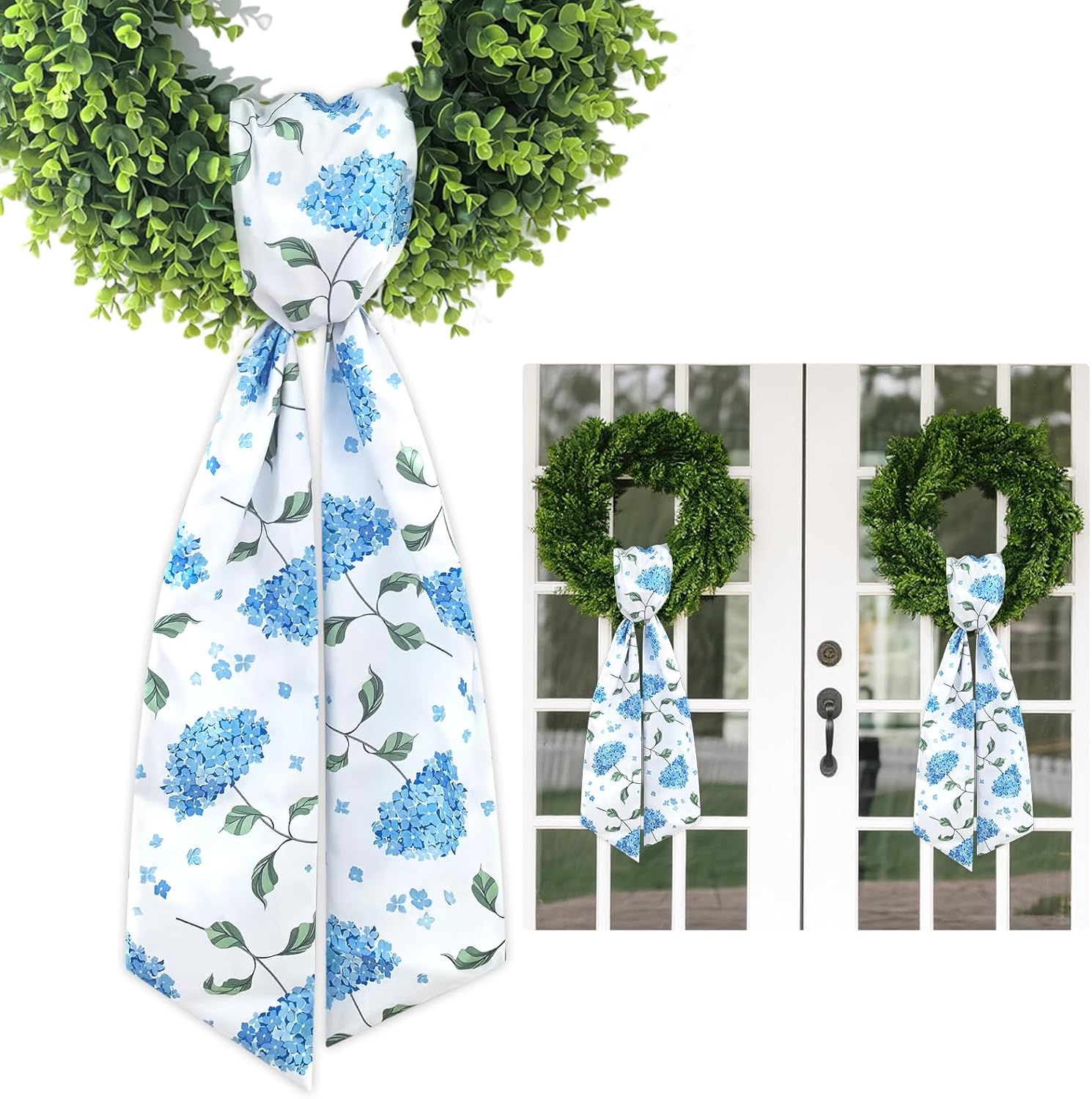 Skiennix Wreath Sash - Decorative Boxwood Sash for Indoor/Outdoor Decor | 4.7'' x 57'' (Blue & Green Floral)