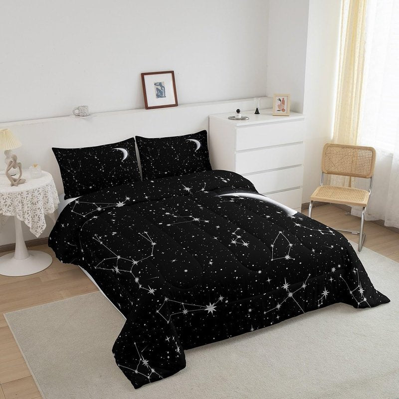 Feelyou Constellation Bedding Set Zodiac Printed Comforter for Kids Adult Galaxy Starry Sky Comforter Set Black White Space Moon Stars Pattern Duvet Set Room Decor 2Pcs with 1 Pillow Case Twin Size