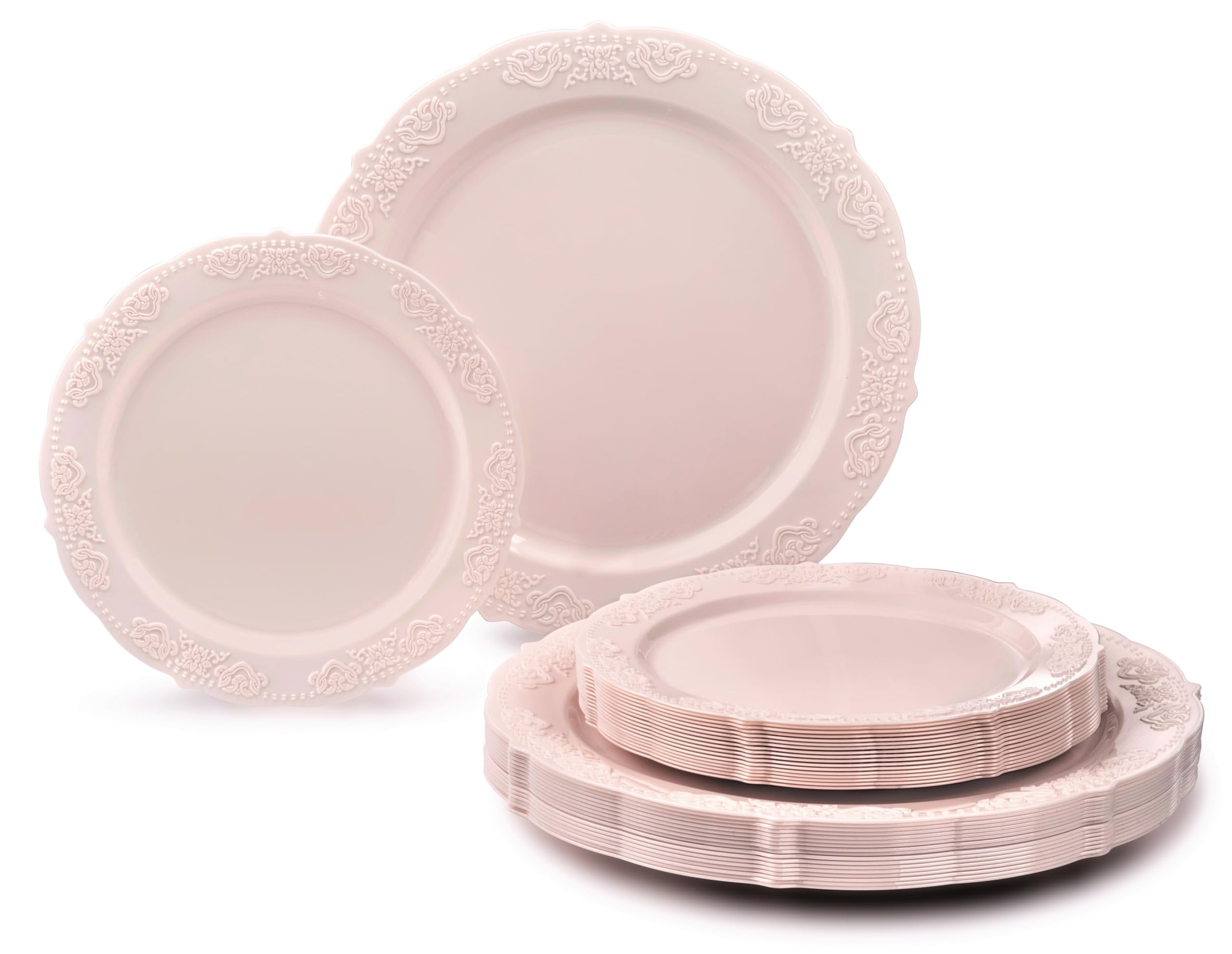 " OCCASIONS " 120 Plates Pack,(60 Guests) Vintage Wedding Party Disposable Plastic Plates Set -60x10.25'' Dinner+ 60x7.5'' Salad/Dessert Plate (Portofino Light Pink/Blush)