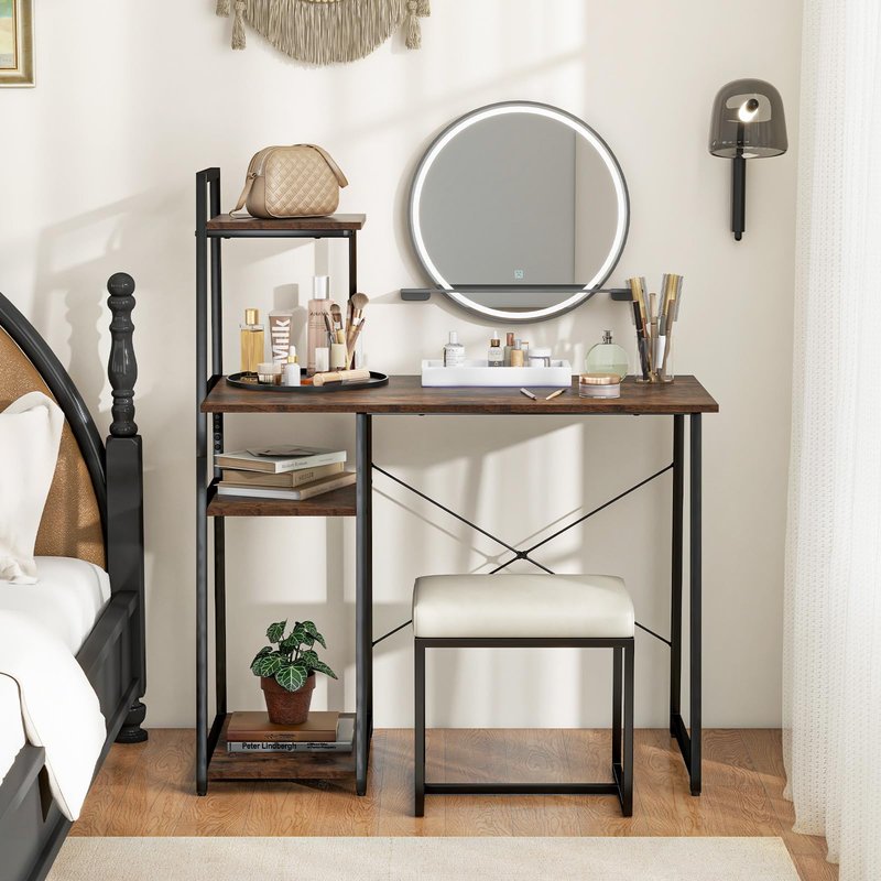 Tangkula Computer Desk with Shelves, Space Saving Home Office Desk with 3-Tier Ladder Shaped Storage Bookshelf, Modern Writing Study Desk with Metal Frame, Compact Computer Workstation (Rustic Brown)
