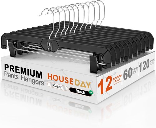 HOUSE DAY Black Pants Hangers - 12 Pack Plastic Clip Hangers for Skirts, Jeans & Shorts | 14-Inch with 360-Degree Swivel Hook