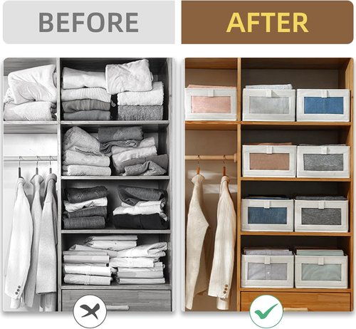 Linen Closet Organizers - 12 Pack Foldable Storage Bins with Clear Window for Clothing & Jeans