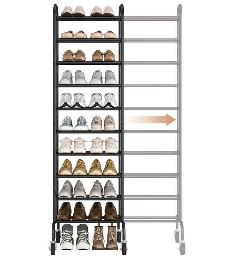 STORAGE MANIAC 10-Tier Expandable Shoe Rack, 44 Pairs Tall Vertical Shoe Rack, Heavy-Duty Metal Adjustable Shoes Organizer for Closet, Entryway, Hallway, Garage, Front Door, Shoes Shelves, Black