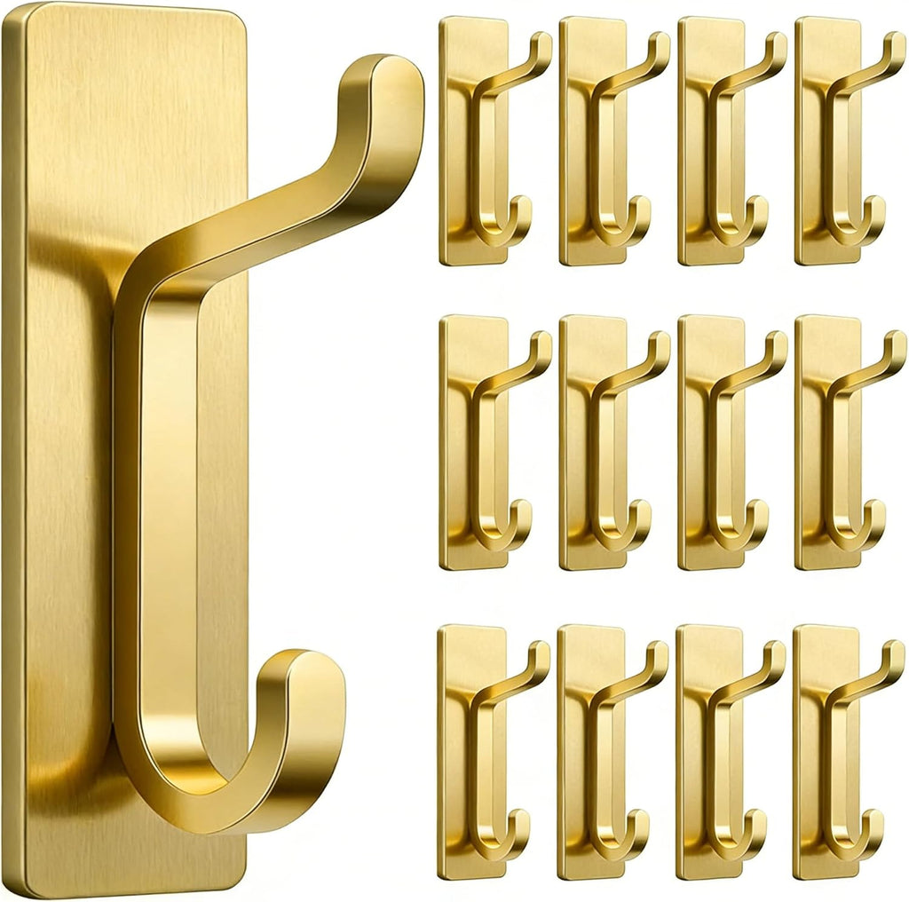 Pickpiff 12 Pack Wall Hooks - Strong 13LB Adhesive Coat & Towel Hangers in Brushed Gold