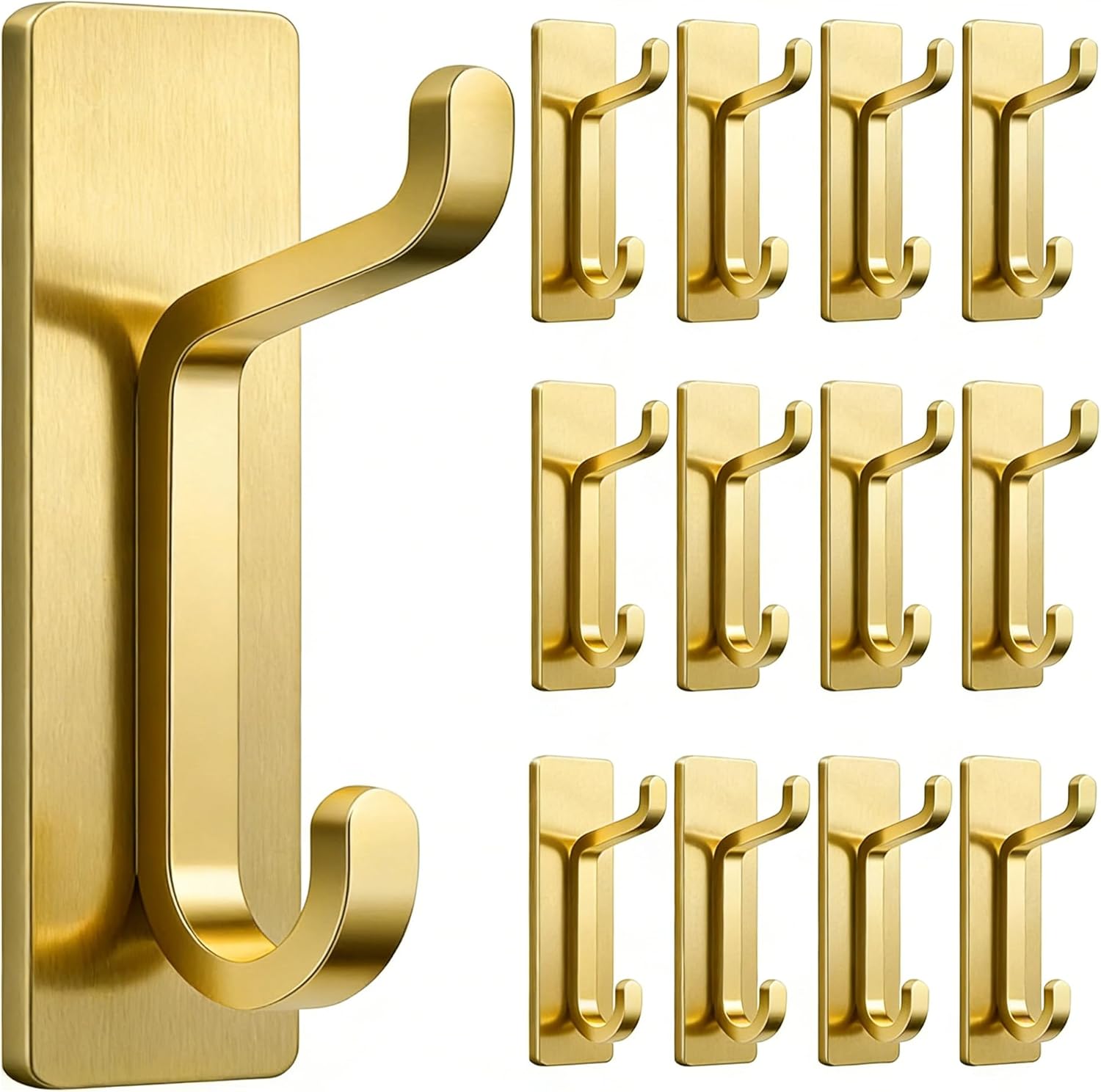 Pickpiff 12 Pack Wall Hooks - Strong 13LB Adhesive Coat & Towel Hangers in Brushed Gold