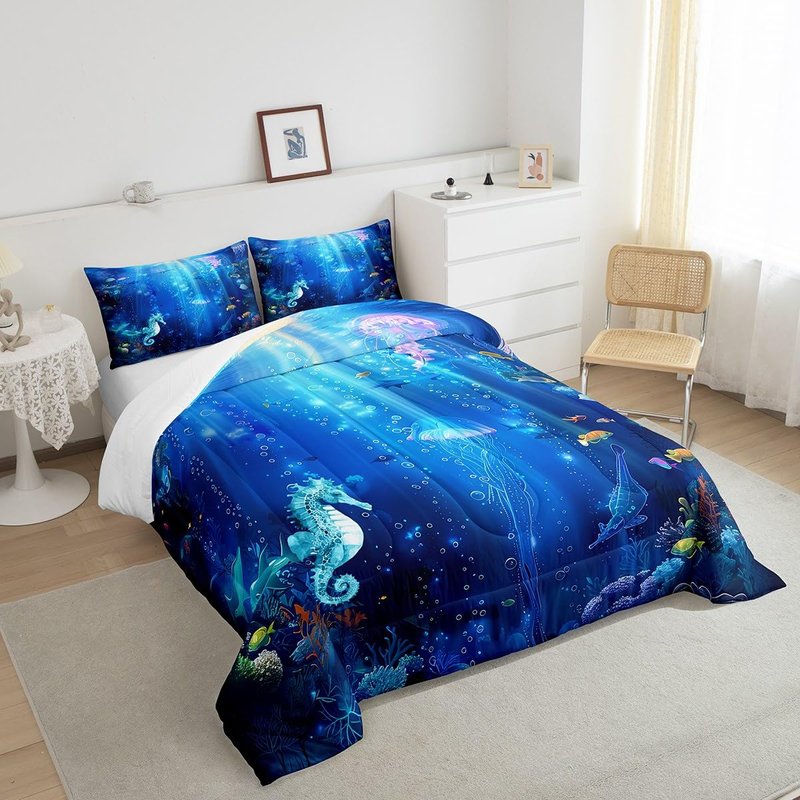 Feelyou Seahorse Comforter Set Twin Size Kids Marine Animals Comforter for Boys Girls Teens Jellyfish Bedding Set Underwater Animal Duvet Set Marine Life Sealife Quilt