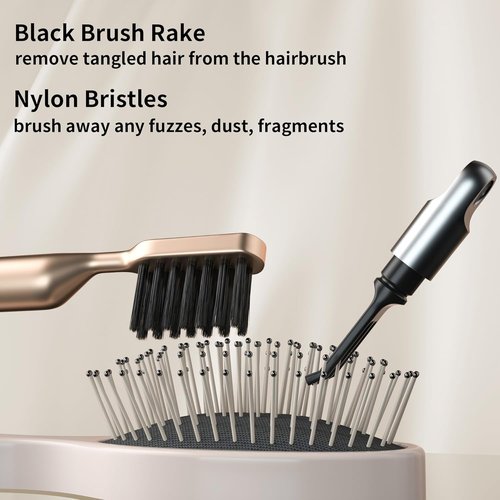 2 In 1 Hair Brush Cleaner by [Brand Name] - Nylon Bristles & 3-Pronged Rake for Easy Tangled Hair Removal - Compact Gold Design for Home & Travel
