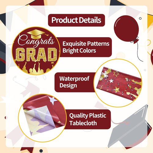 3-Piece 54 x 108 Inch Graduation Plastic Tablecloth - Congrats Grad Design Disposable Rectangle Table Cover for College High School Class of 2025 Graduation Party Supplies Indoor Outdoor (Maroon)