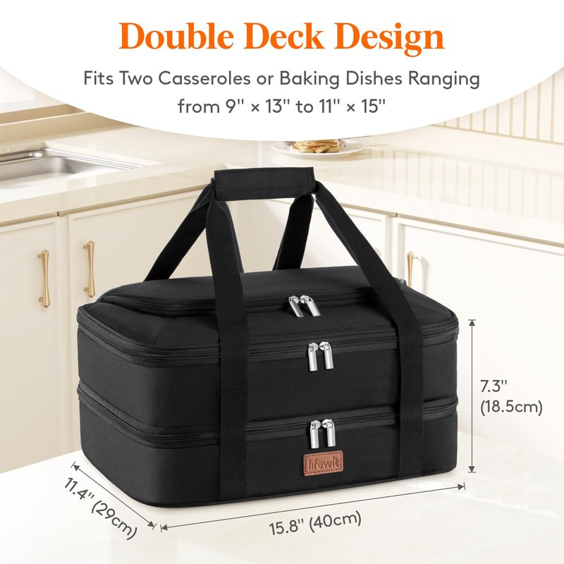 Lifewit Double Decker Casserole Carrier for Hot and Cold Food, Insulated Casserole Dish Carrier Carrying Case with Tool Room, Thermal Bag for Potluck Parties Cookouts Fits 9"×13" Baking Dish, Black