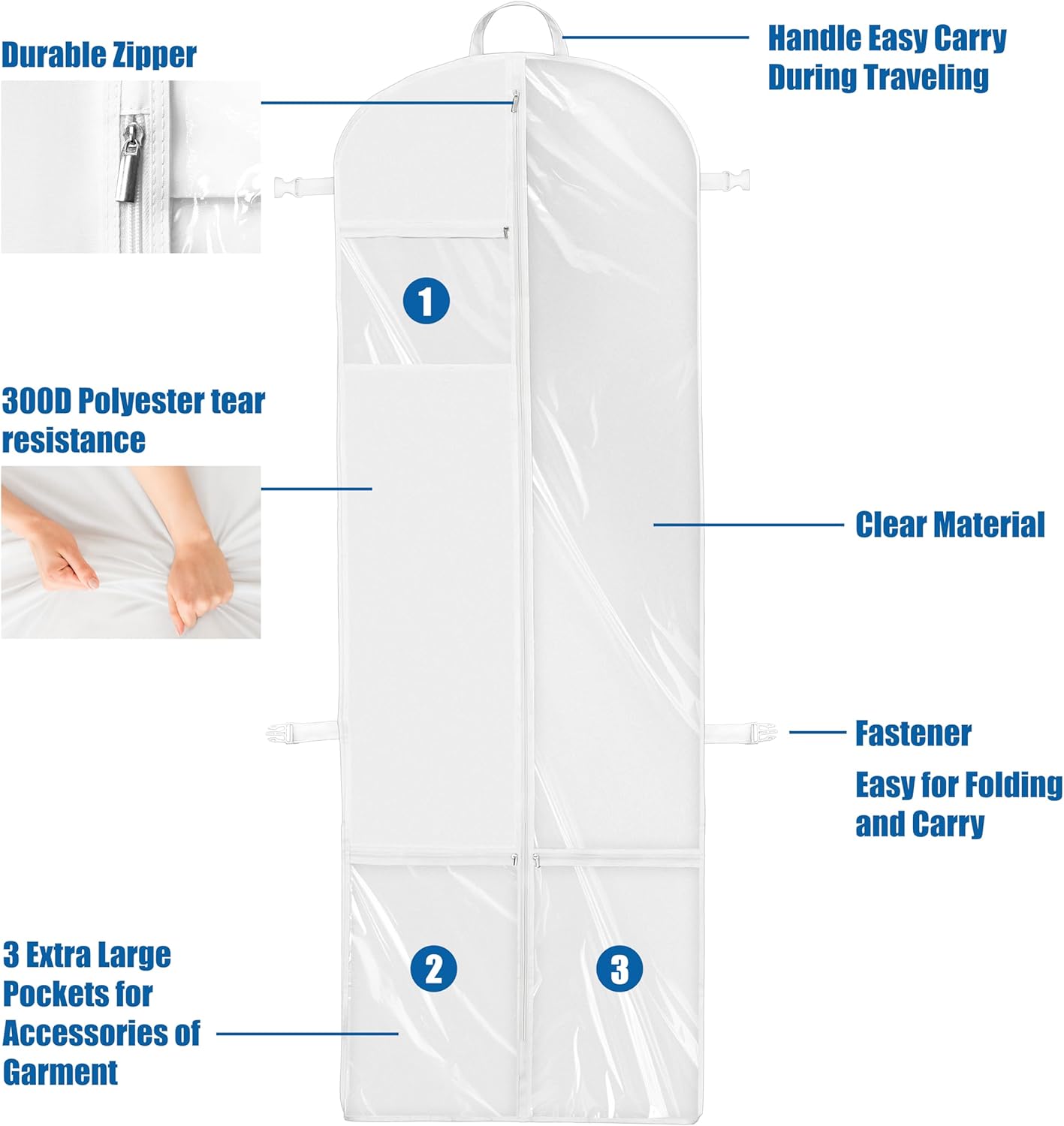 Simple Houseware Wedding Dress Garment Bag - 70-Inch Long, 8-Inch Gusseted Design with Pockets, White