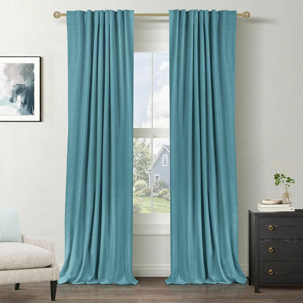 Skiennix 100% Blackout Linen Curtains - Thermal Insulated Drapes, 50" W x 90" L, Dark Cyan - 2 Panels Set