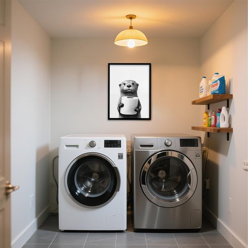 Framed Black and White Bathroom Canvas Wall Art, Funny Animal Bathroom Decor Cute Otter Holding A Roll of Toilet Paper Picture Modern Humor Painting Wall Decor Ready to Hang 24'' x 16''