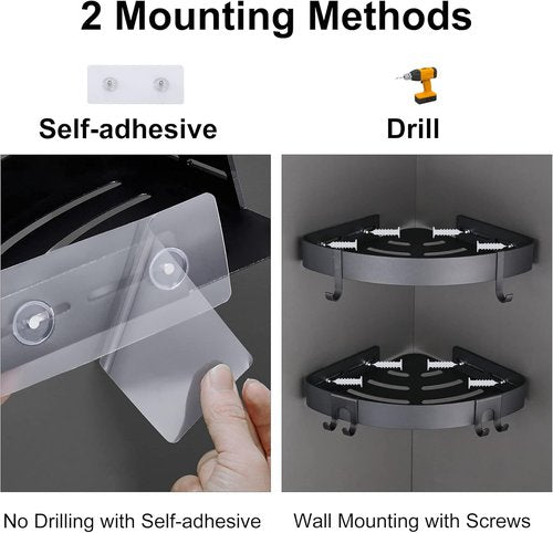 DUFU Adhesive Corner Shower Caddy - No Drill Rust-Proof Aluminum Organizer | 2-Pack Black