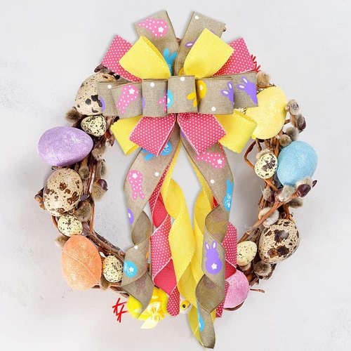 Hying Easter Wreath Bow - Flaxen Yellow & Pink Burlap Ribbon | Large Holiday Spring Decor