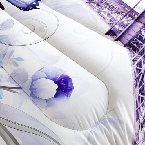 OUIXOTIC Purple Paris Eiffel Tower City Bedding Set for Girls Kids Women Couple Bedroom, Butterfly Quilt Queen Size Comforter for Audlt, 3Pcs Flower Comforter Set with1 Comforter and 2 Pillow Cases