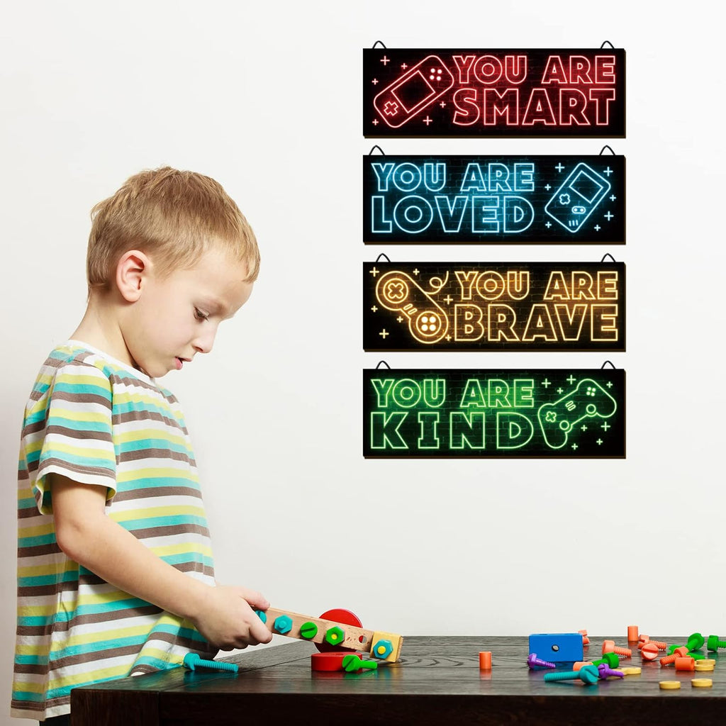 YLOLUL Neon Game Art Prints - 4-Piece Wood Wall Decor for Boys' Rooms | Inspirational Gamer Decor, 12 x 4 Inch, Red