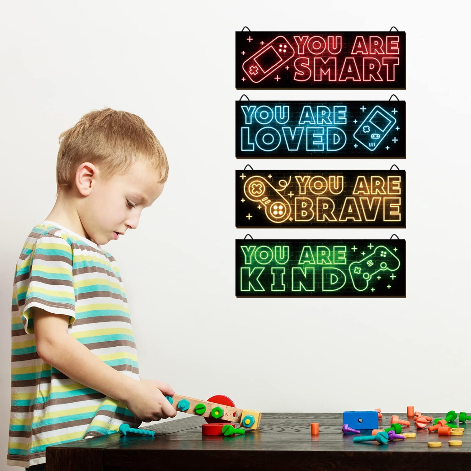 YLOLUL Neon Game Art Prints - 4-Piece Wood Wall Decor for Boys' Rooms | Inspirational Gamer Decor, 12 x 4 Inch, Red
