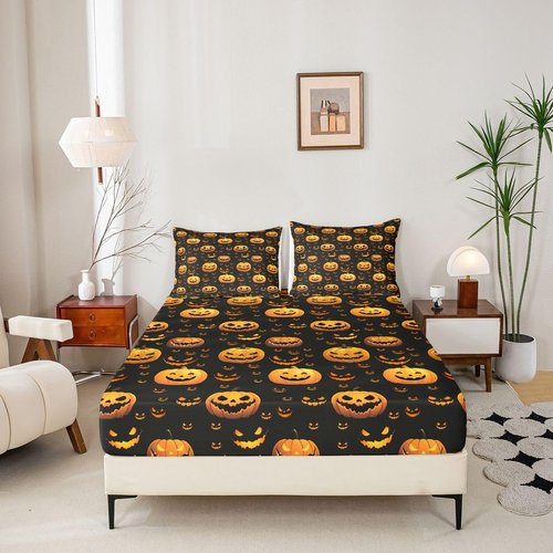 Feelyou Funny Pumpkin Bed Set Cute Halloween Bed Sheets for Kids Boys Girls Children Orange Black Sheet Set Cartoon Festival Decor Sheets with 2 Pillowcases 4Pcs Bedding Full