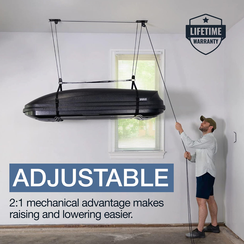 StoreYourBoard Cargo Box Pulley System – Heavy-Duty Garage Hoist Lift for Rooftop Carriers – Garage Storage & Garage Organization Ceiling Hoist with Pulley – Holds 150 lbs - Fits 8–10 ft Ceilings