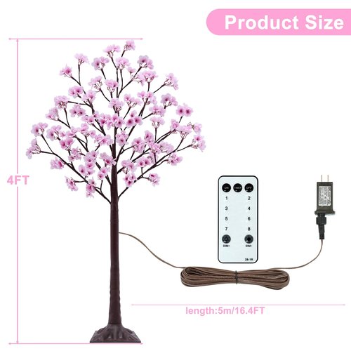 4FT Cherry Blossom Tree with 56 LED Lights, 168 Lush Pink Flowers, Artificial Lighted Cherry Blossom Tree with Remote 8 Modes, Timer for Spring Wedding Party Valentines Indoor Outdoor Decoration