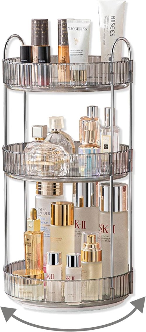 Asayuee 360° Rotating Makeup Organizer - Large Capacity 3-Tier Storage for Bathroom & Cosmetics | Grey