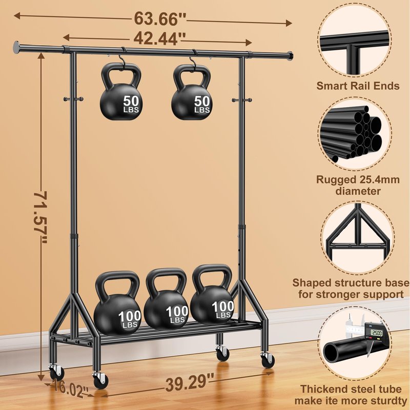 TigerParty Clothes Rack, Clothing Racks for Hanging Clothes, Rolling Garment Rack, Adjustable Free Standing Clothes Organizer with Wheels, Space-saving Design for Bedroom Laundry Living Room