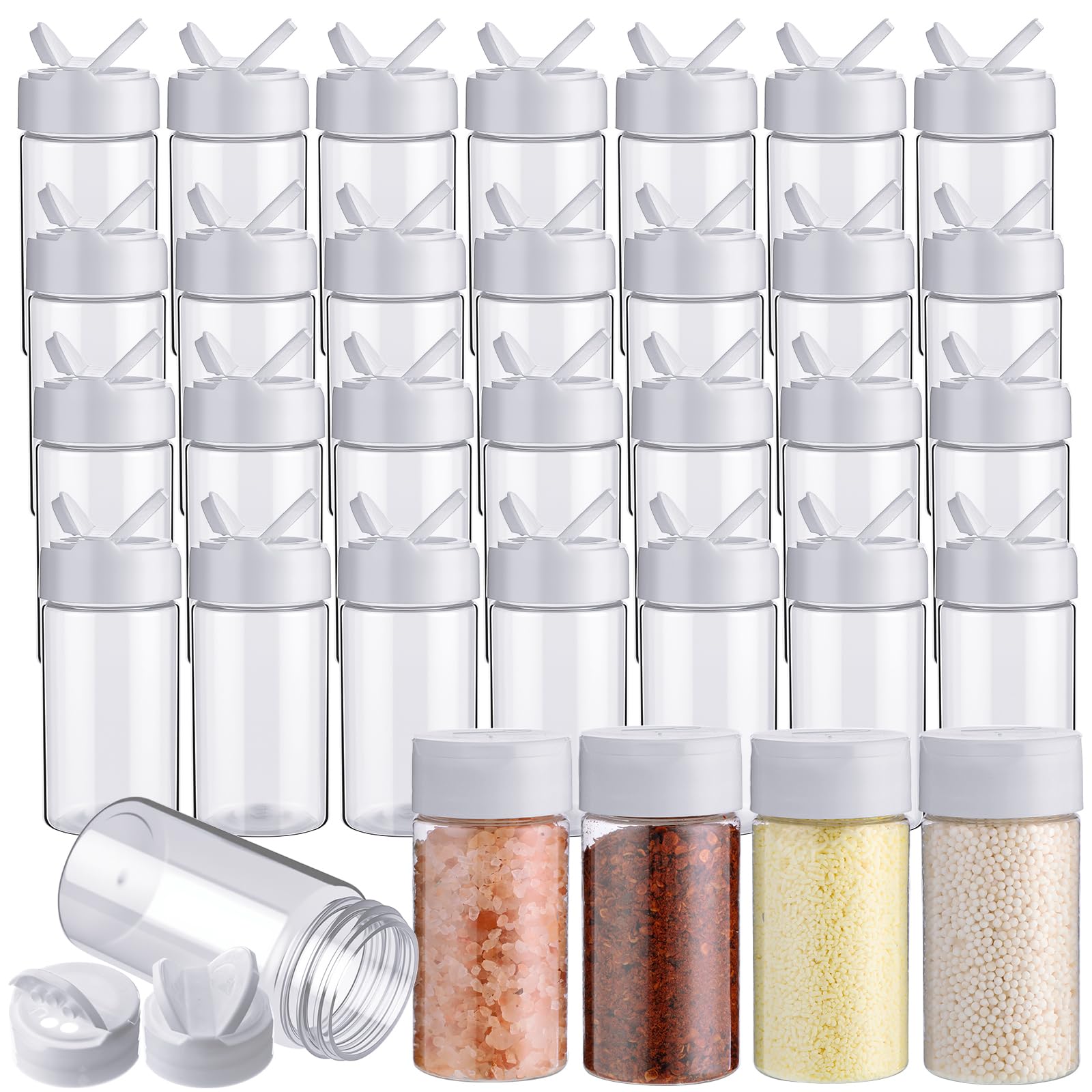 Mimorou 40 Pack Plastic Spice Jar with Shaker Lids Seasoning Containers 3.5 oz Plastic Spice Container with Lids Seasoning Jars for Kitchen Storing Powder (White)