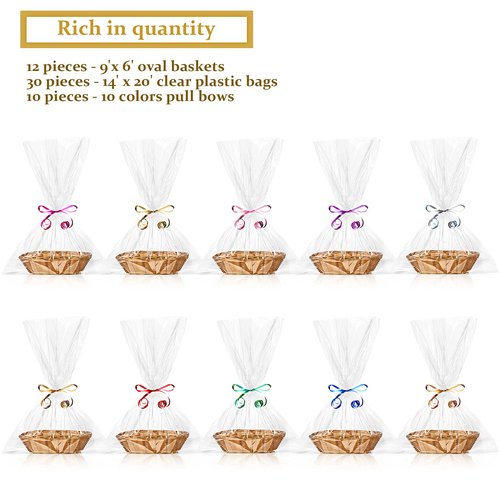 Jetec 12 Pack Empty Gift Baskets to Fill, Oval Baskets for Gifts Empty Food Storage Bin with 10 Rolls Colorful Ribbon and 30 Clear Bags for Wedding Birthday Christmas, 9 x 6 x 2.25 Inch