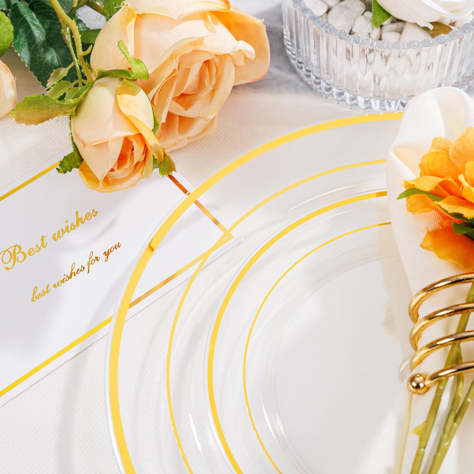 I00000 102 Pcs Clear Gold Plastic Plates - Disposable Party Plates, Gold Disposable Include 51 Dinner Plates and 51 Dessert Plates, Plastic Plates for Party, Holiday, Wedding & Birthday
