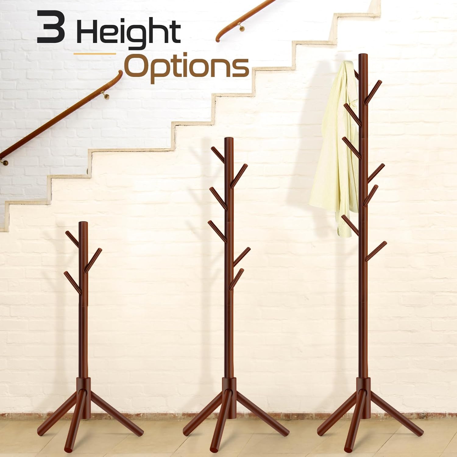 Skiennix Solid Wooden Coat Rack - Freestanding New Zealand Pine Coat Tree with 8 Hooks | Adjustable Sizes for Coats, Hats, and Handbags (Brown)