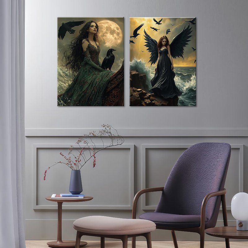 ouiytws Mystic Gothical Wall Art - Dark Fantasy Raven Witch and Black Winged Angel Artwork, Ocean and Moon Theme Canvas Print, Gothic Decor for Bedroom and Living Room, 2 Panels (16"x24" Each)