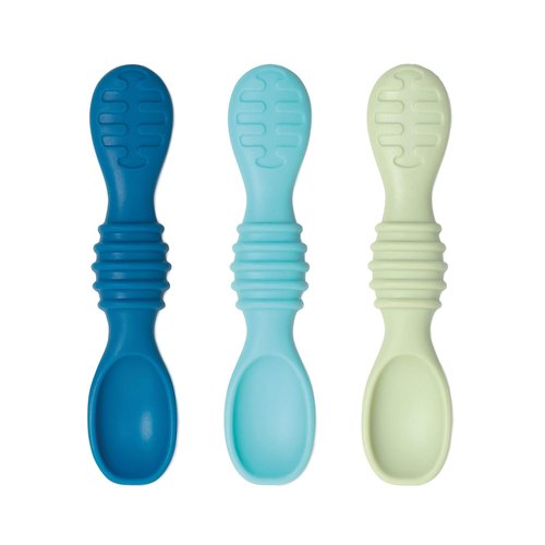 Bumkins Silicone Baby Utensil Set - Soft Tip Trainer Spoons for Self-Feeding | 3-Pack in Blue & Green