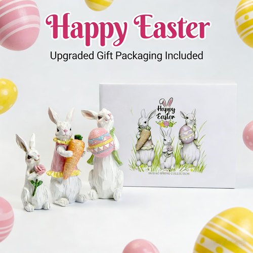 Hodao Easter Bunny Decorations - Spring Indoor Home Decor | Adorable White Bunny Figurines Set