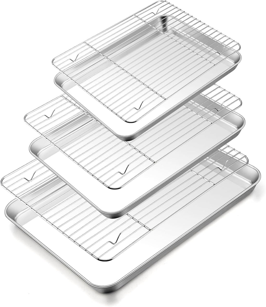 TeamFar Baking Sheet Set - 3 Stainless Steel Cookie Sheets with Racks | Non-Toxic, Dishwasher Safe, 16/12.5/10.5 Inch