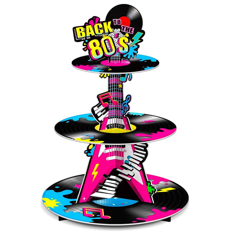 Ben Louis 3 Tier 80s Cupcake Stand Party Decorations Back to The 80's Theme Holder Retro 1980s Hip Hop Dessert Tower Birthday Cake for Neon Rock Hippie Supplies