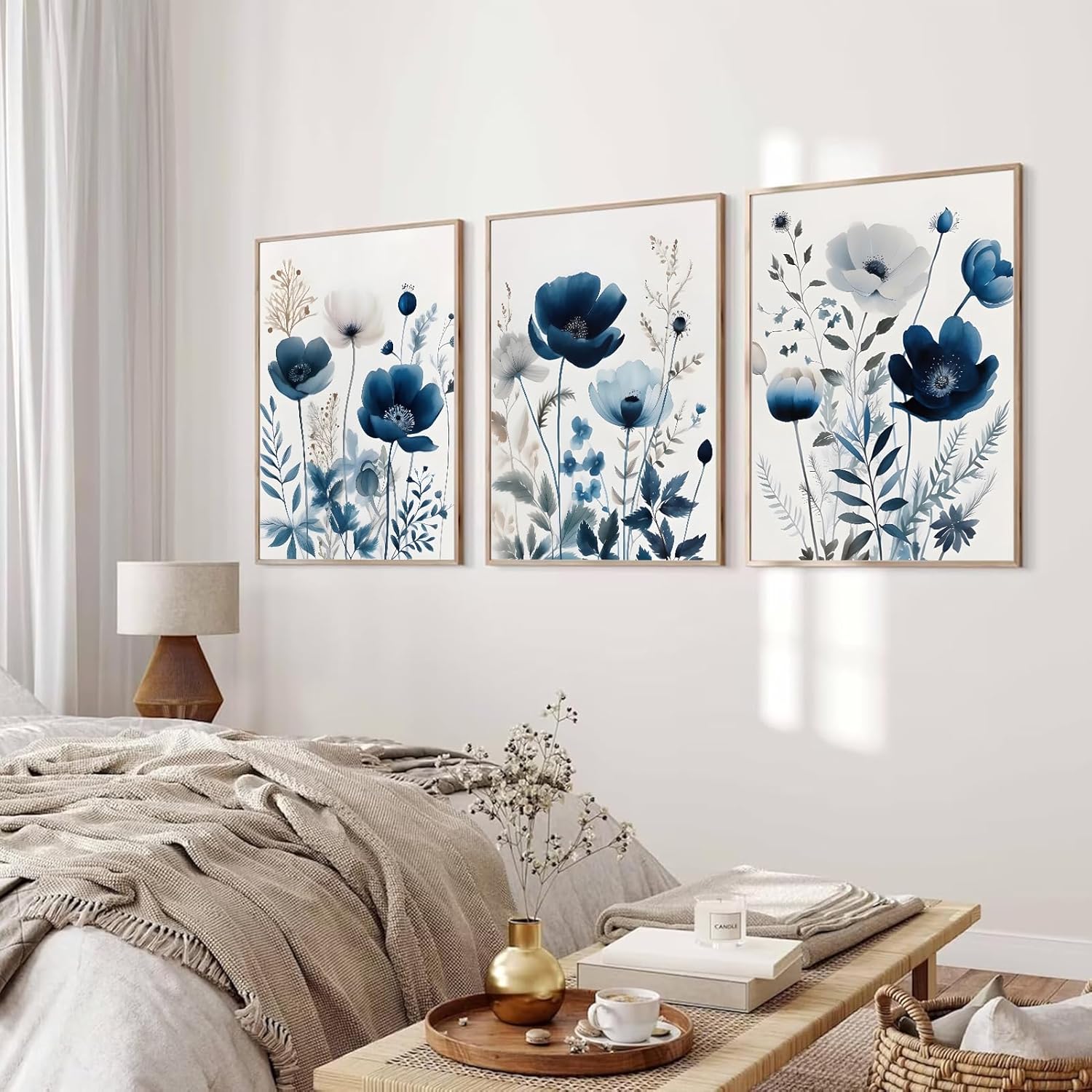 Skiennix Flower Canvas Wall Art - Modern Navy Blue Wildflower Prints | Unframed 12x16in Decor
