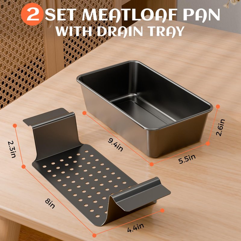 TLAZZ 2 Pack Meatloaf Pan with Drain Tray, Non Stick Meat Loaf Pan with Drip Tray, 9.4 x 5.5 Inch Loaf Pan for Baking Bread and Meatloaf