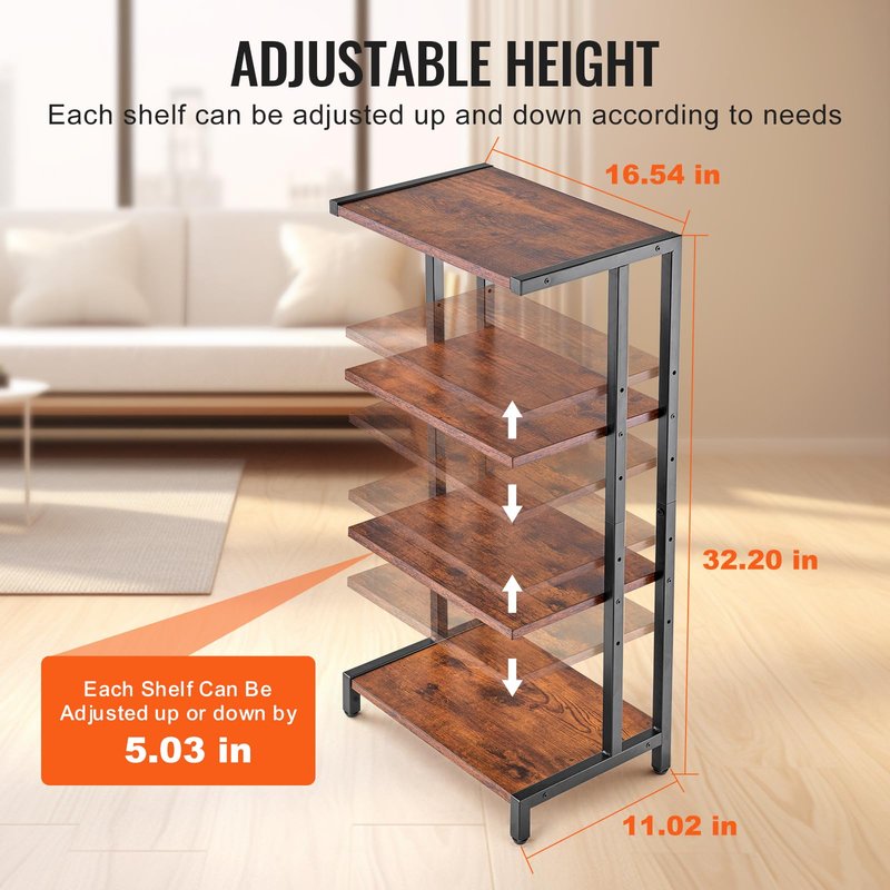 VEVOR 4-Tier AV Media Stand, Corner TV Stand, Height Adjustable Wooden Shelves for DVD Players/Cable Boxes/Games Consoles, Brown