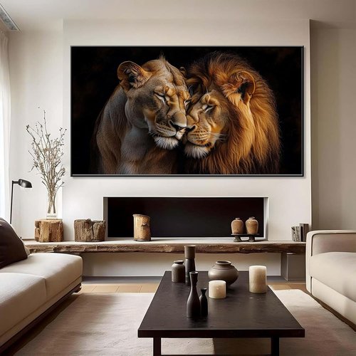 Lions Canvas Wall Art - Romantic Loving Lions Couple, African Wildlife Decor | Gold Framed 48"x27" (122x68cm)