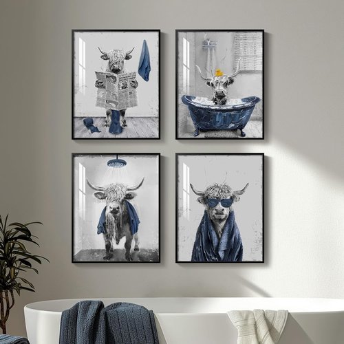 Highland Cow Art | Funny 4-Piece Bathroom Wall Decor - Cute Navy Blue Prints for Restroom