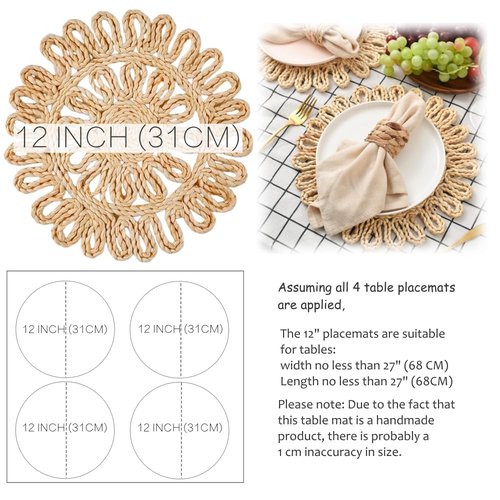 IcosaMro Round Woven Placemats for Dining Table Set of 4 11 Inch Small Natural Braided Rattan Tablemat Hollow Wicker Charger Plates for Holiday Thanksgiving Christmas Kitchen Table Mat, Beige