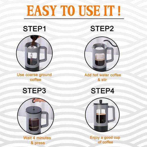 YOLIFE French Press Coffee Maker, 34 oz / 4 Cup Coffee Tea Press with Heat-resistant Borosilicate Glass, 4-Level Filtration Systems, Cold Brew Coffee Maker for Camping Travel Gifts, Grey and Black